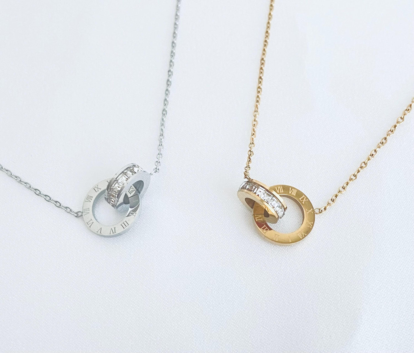 Interlocking Circle Necklace with CZ Accent • Stainless Steel or Gold Linked Circle Pendant, Minimalist Karma Necklace