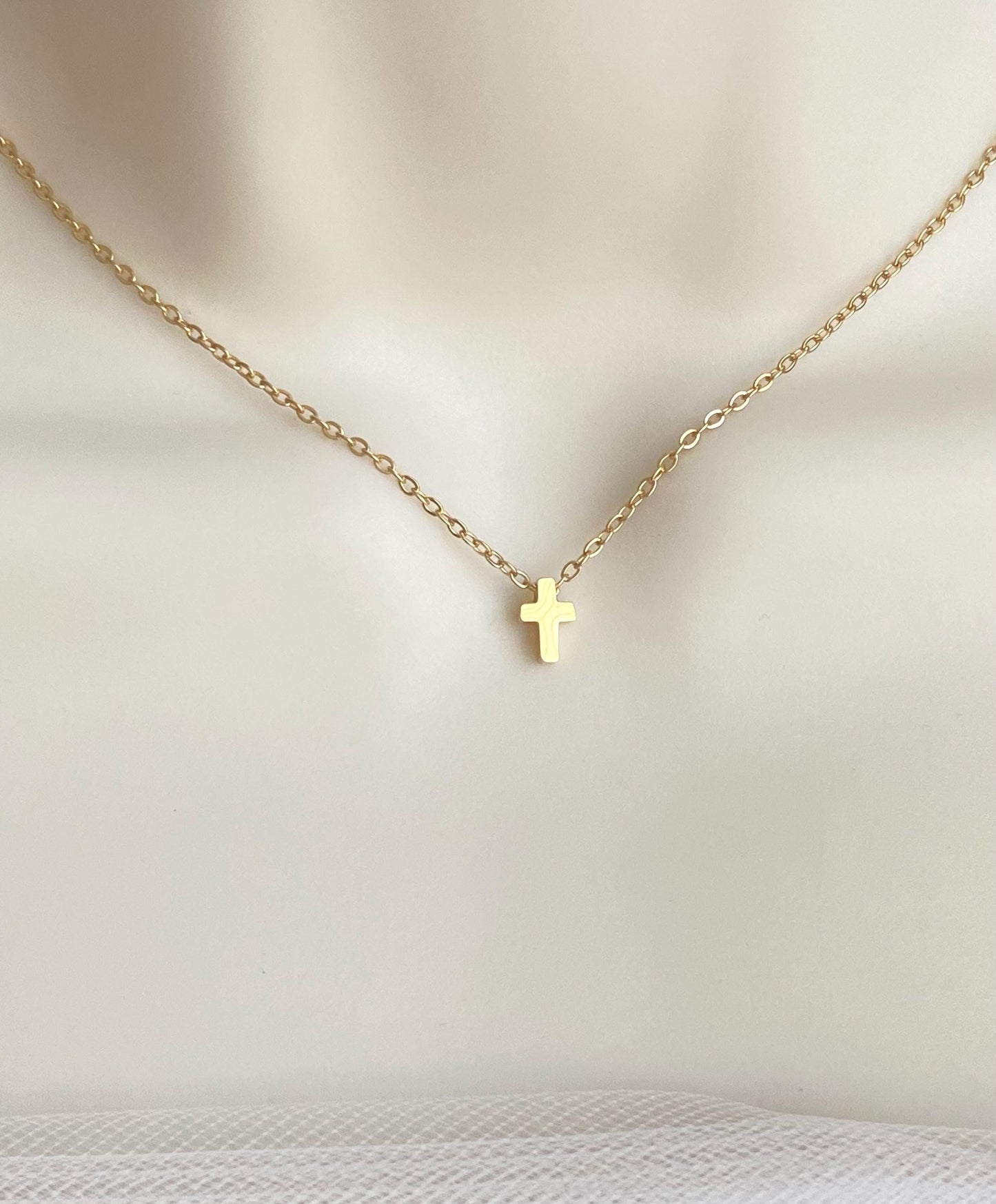 Stainless Steel Tiny Cross Charm Necklace • Minimalist Religious Necklace in Silver or Gold