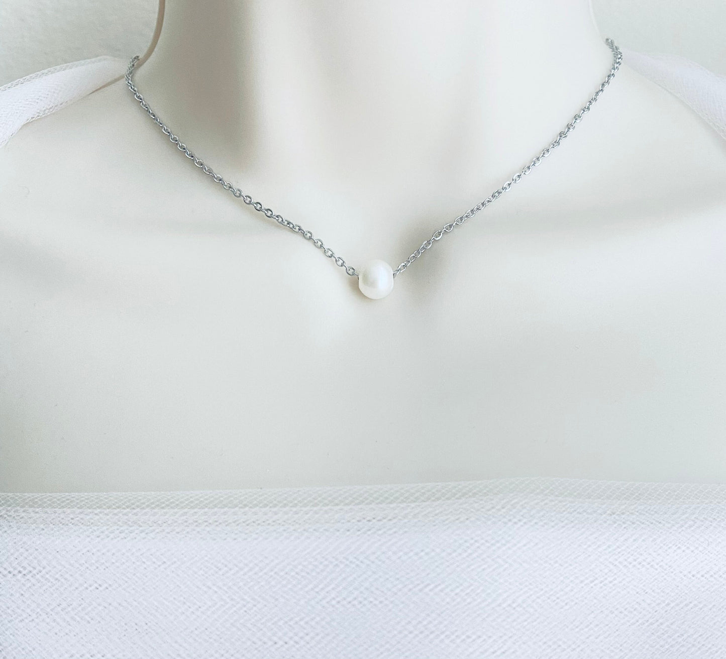 Stainless Steel Floating Pearl Necklace • Big Hole Pearl Necklace in Silver, Gold or Rose Gold