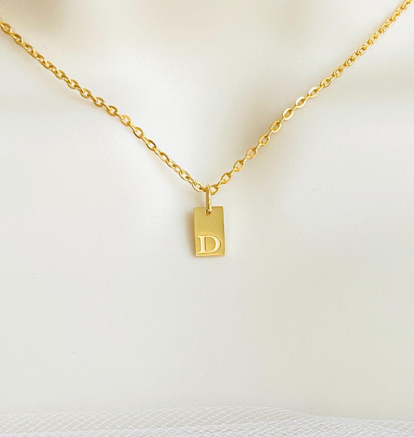 Stainless Steel Mini Initial Tag Necklace • Personalized Letter Necklace in Stainless Steel or Gold