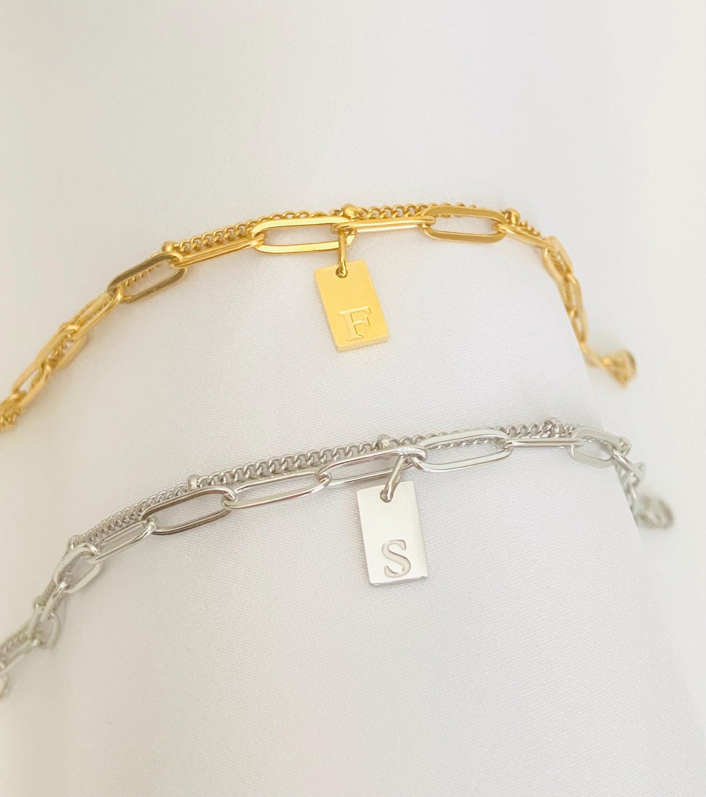 Double Layer Chain Bracelet with Initial Charm • Satellite Chain & Paperclip Chain Bracelet in Stainless Steel or Gold Over Stainless Steel