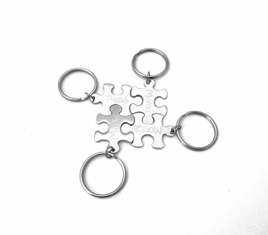 Personalized Stainless Steel Puzzle Key Chain • Custom Engraved Interlocking Puzzle Keepsake