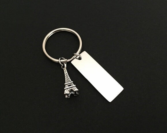 Personalized Eiffel Tower Key Chain with Stainless Steel Tag • Custom Engraved Paris Keychain Gift