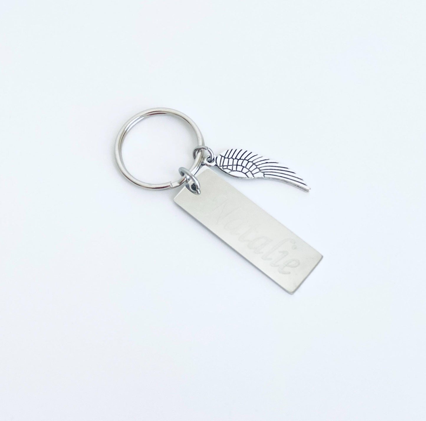 Personalized Angel Wing Keychain  • Custom Engraved Key Chain with Angel Wing Charm