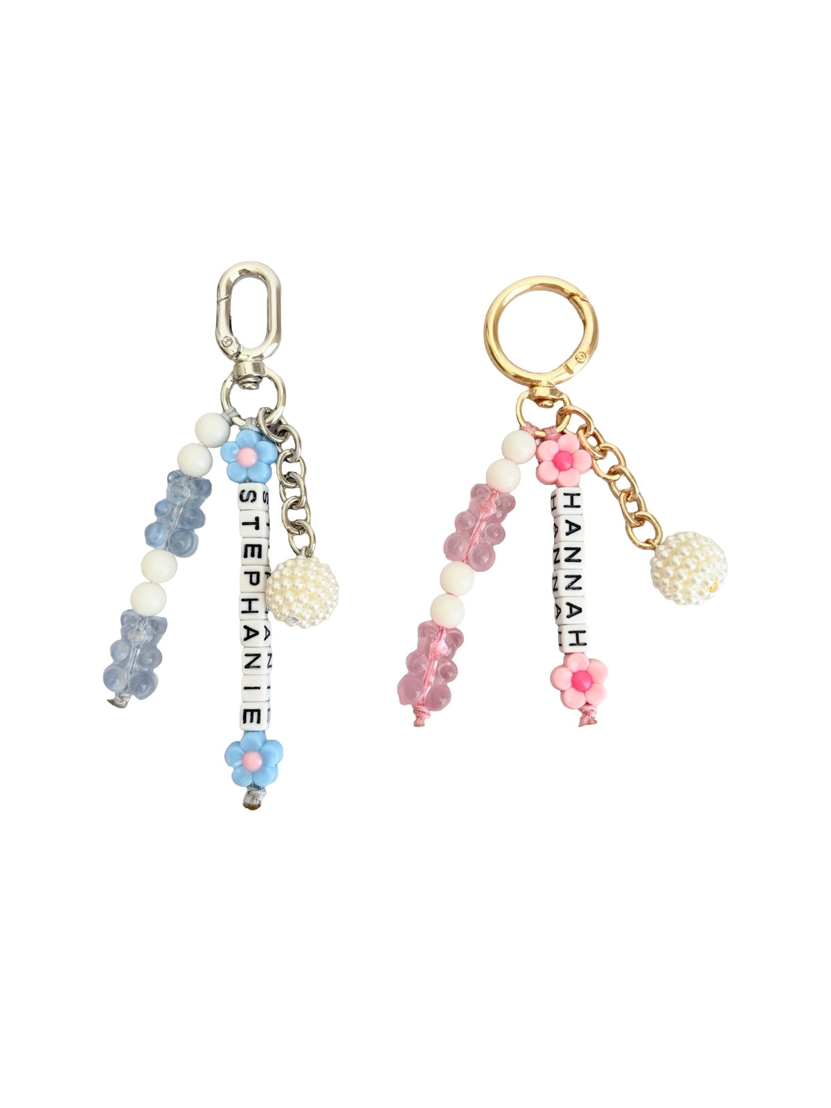 Personalized Beaded Bag Charm with Name, Acrylic Bear & Flower Beads • Custom Name Keychain