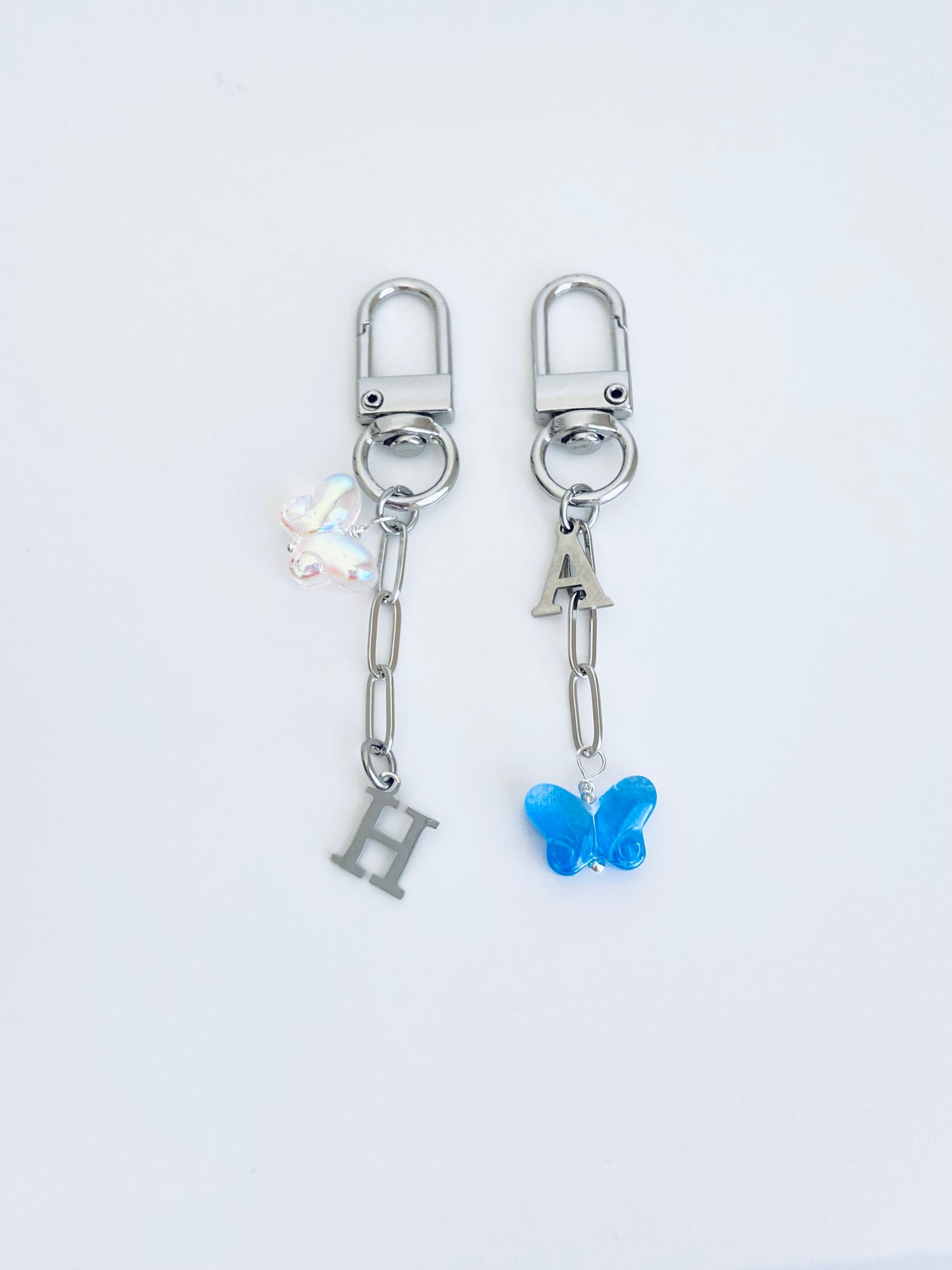 Clip-On Purse Charm with Stainless Steel Initial & Acrylic Butterfly