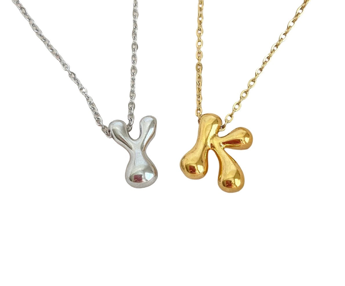 Large Bubble Initial Charm Necklace • Stainless Steel & Gold over Stainless Steel