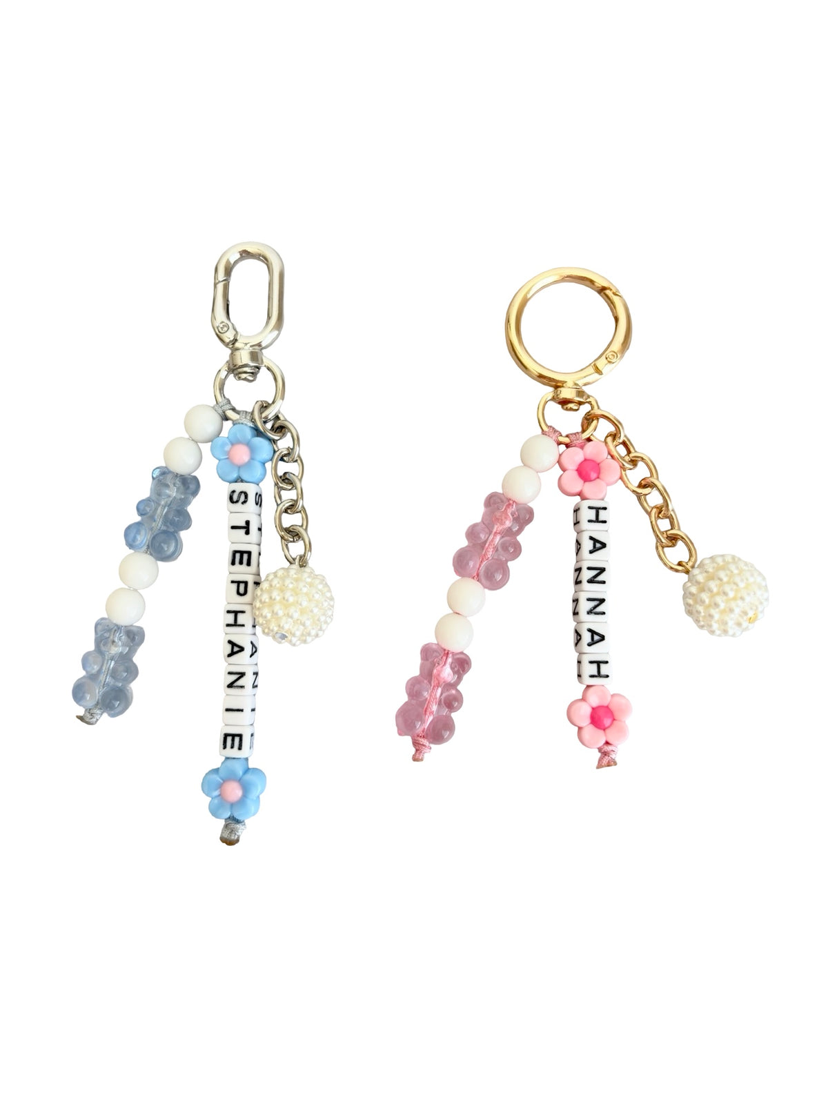 Personalized Beaded Bag Charm with Name, Acrylic Bear & Flower Beads • Custom Name Keychain