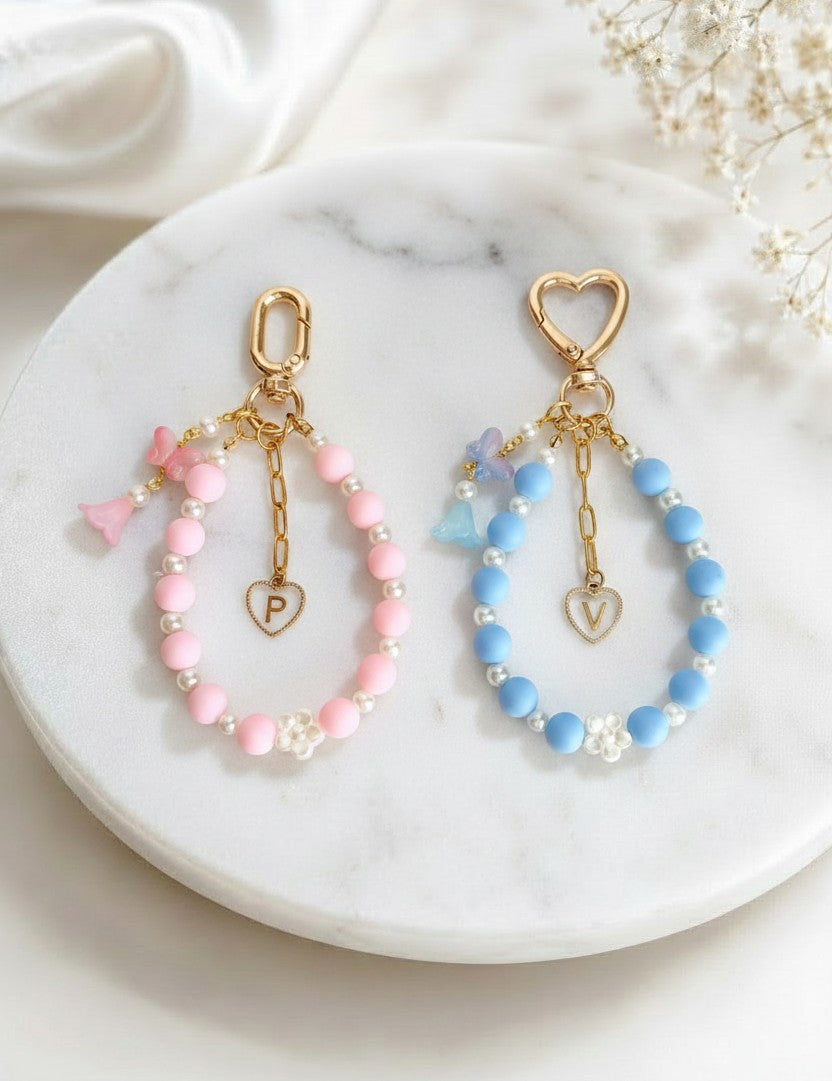 Personalized Beaded Bag Charm with Butterfly & Flower