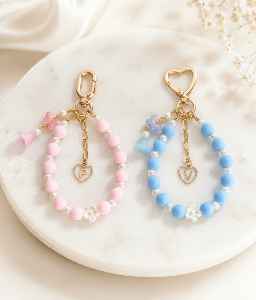 Personalized Beaded Bag Charm with Butterfly & Flower