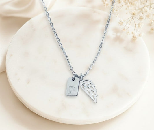 Personalized Angel Wing Necklace • Stainless Steel & Gold over Stainless Steel