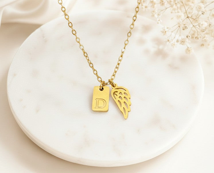 Personalized Angel Wing Necklace • Stainless Steel & Gold over Stainless Steel