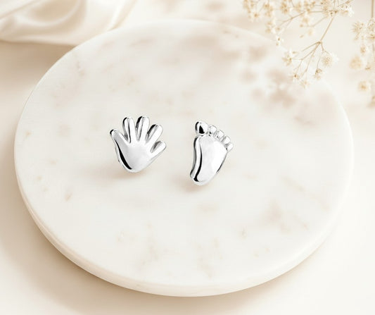 Sterling Silver Baby Handprint & Footprint Stud Earrings
