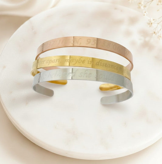 Personalized Cuff Bangle Bracelet • Stainless Steel, Gold over Stainless Steel & Rose Gold over Stainless Steel