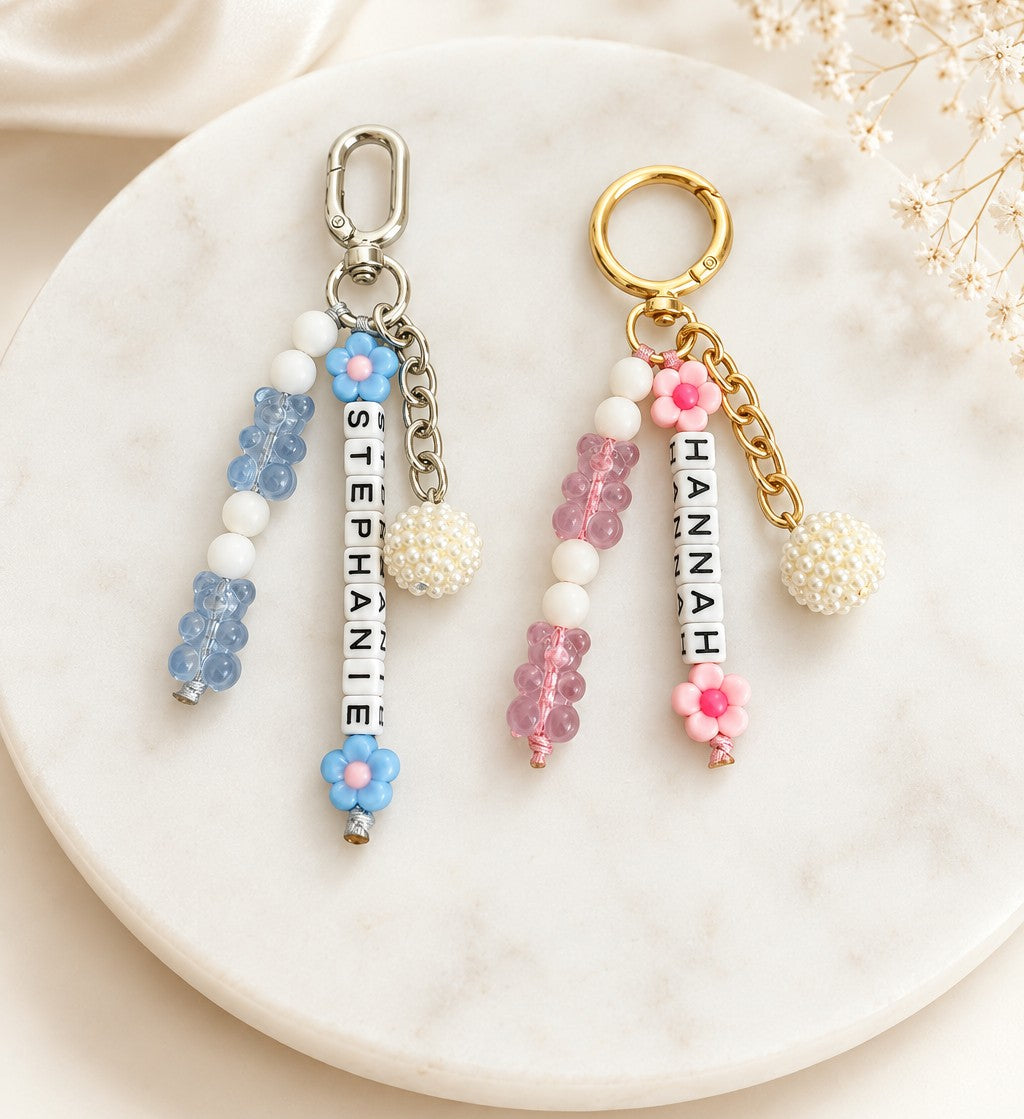 Personalized Beaded Bag Charm with Name, Acrylic Bear & Flower Beads • Custom Name Keychain