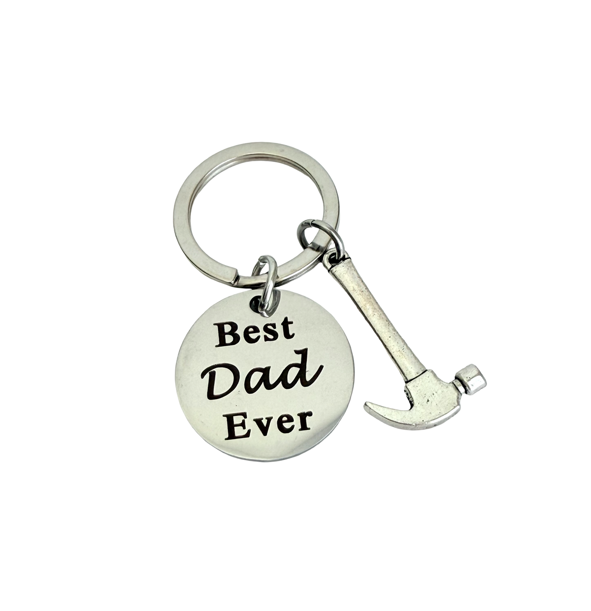 Keychain with 'Best Dad Ever' tag and hammer charm on a white background