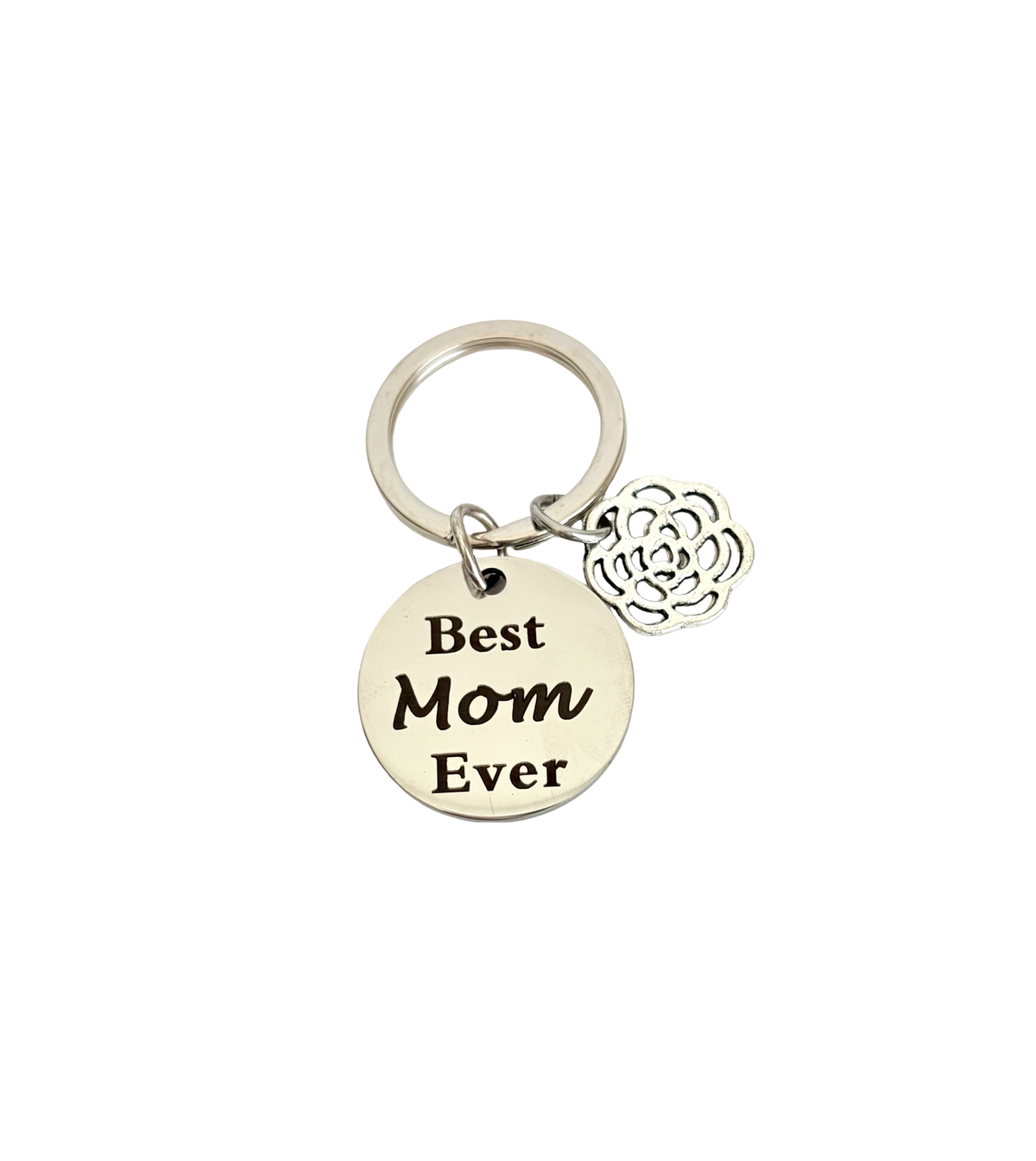 Keychain with 'Best Mom Ever' tag and heart charm on a white background