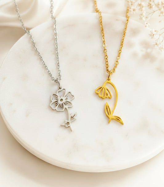 Personalized Birth Flower Pendant Necklace • Stainless Steel & Gold over Stainless Steel