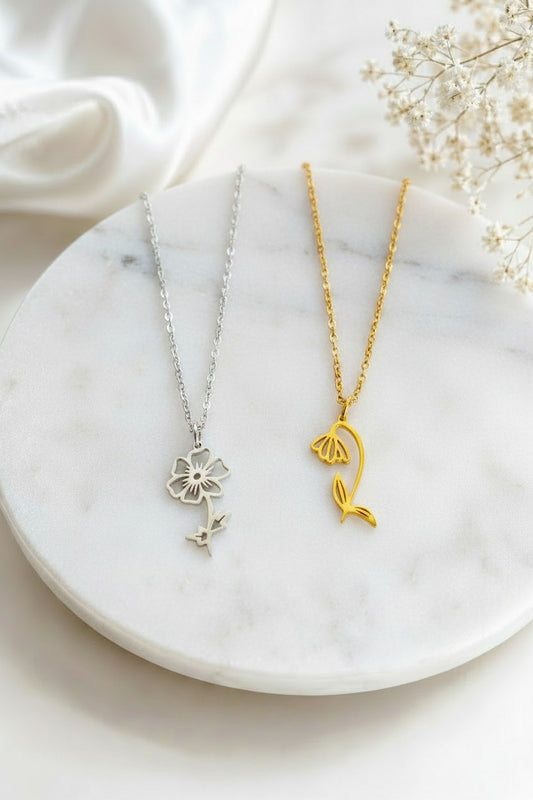 Personalized Birth Flower Pendant Necklace • Stainless Steel & Gold over Stainless Steel