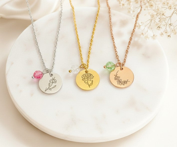 Personalized Birth Flower Necklace with Birthstone • Stainless Steel & Gold over Stainless Steel