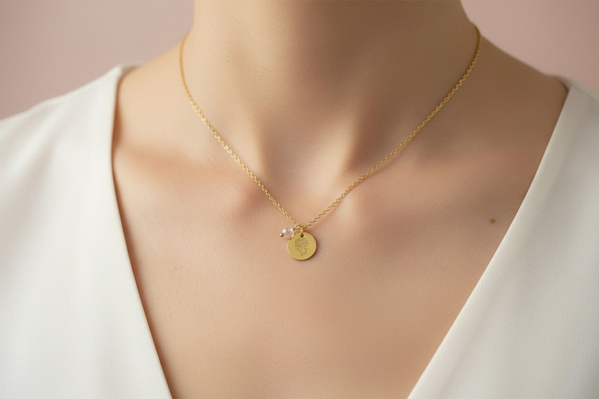 Personalized Birth Flower Necklace with Birthstone • Stainless Steel & Gold over Stainless Steel