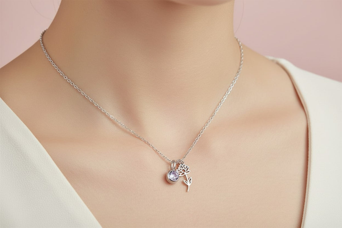 Personalized Birthstone & Birth Flower Pendant Necklace • Stainless Steel & Gold over Stainless Steel