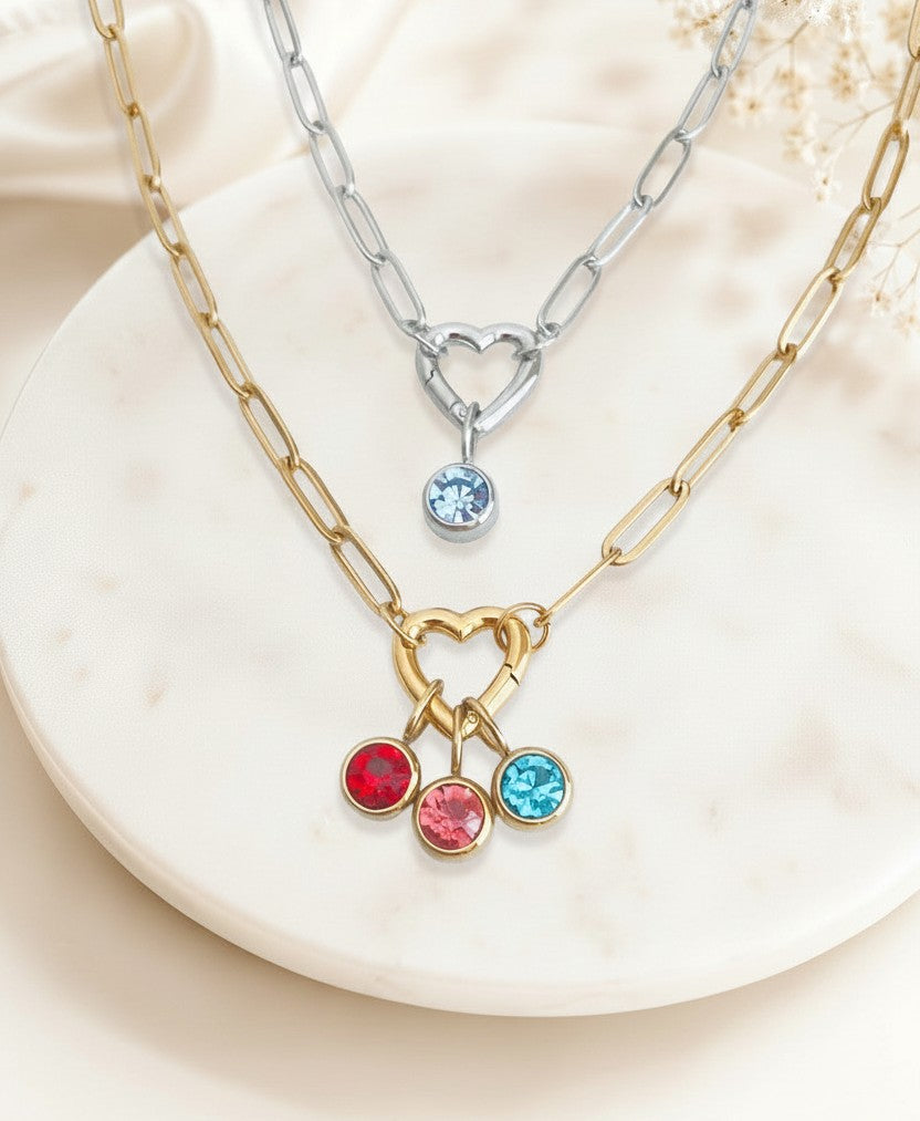 Personalized Birthstone Necklace with Heart Charm Holder • Stainless Steel & Gold over Stainless Steel