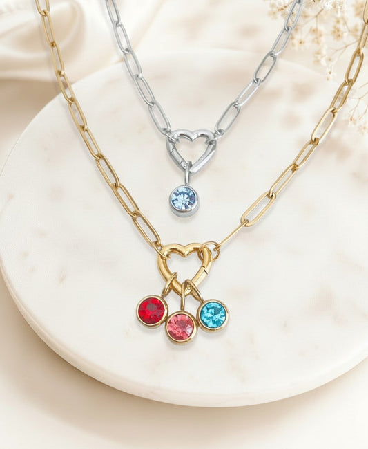 Personalized Birthstone Necklace with Heart Charm Holder • Stainless Steel & Gold over Stainless Steel