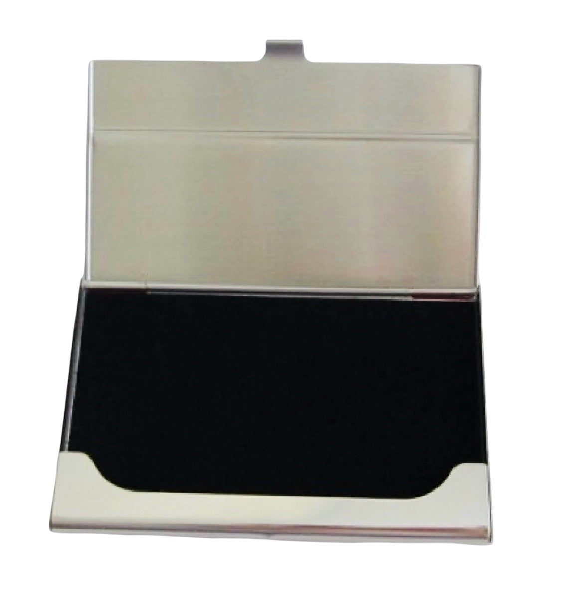 A silver metal business card holder case shown open, with a black velvet interior lining, isolated on a white background.