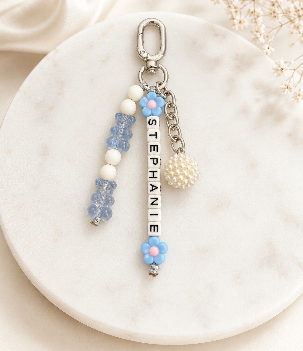 Personalized Beaded Bag Charm with Name, Acrylic Bear & Flower Beads • Custom Name Keychain