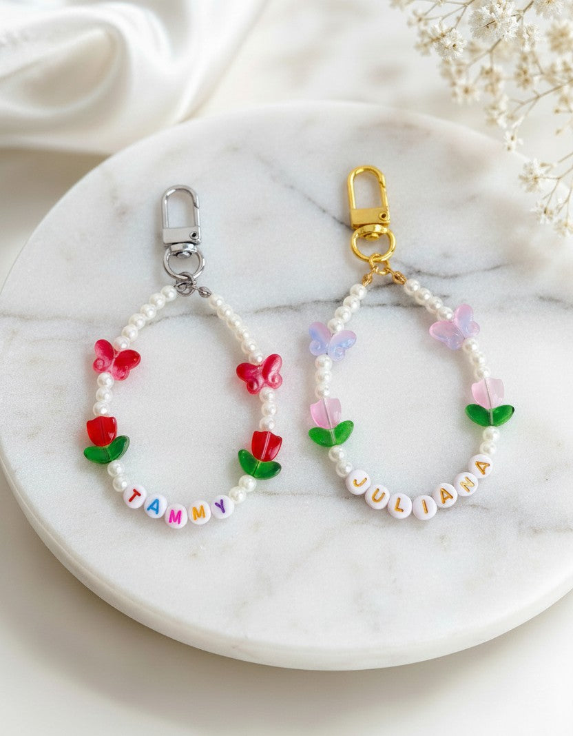 Personalized Name Bag Charm with Tulip & Butterfly