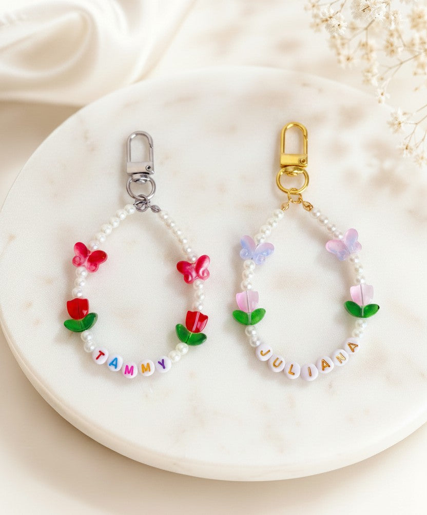 Personalized Name Bag Charm with Tulip & Butterfly