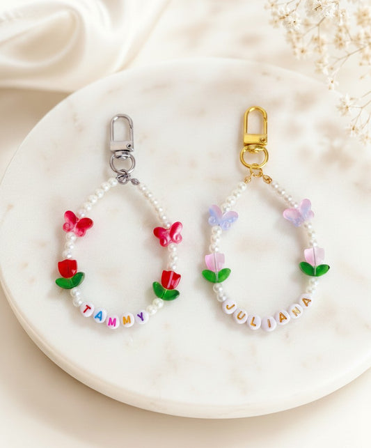 Personalized Name Bag Charm with Tulip & Butterfly