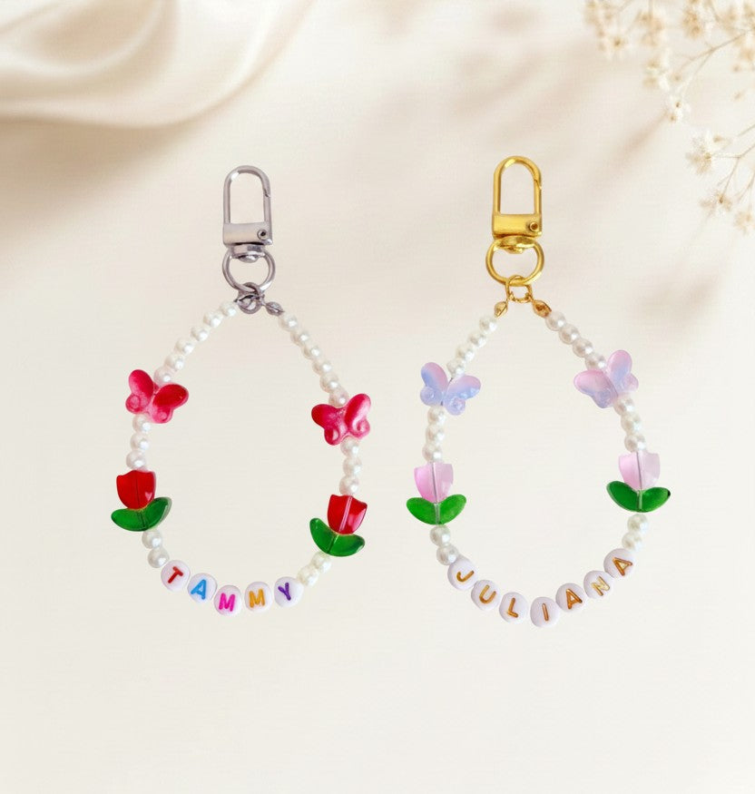 Personalized Name Bag Charm with Tulip & Butterfly