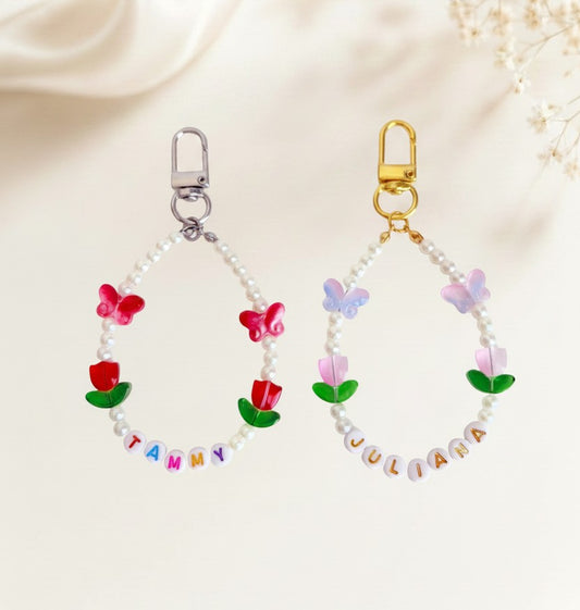 Personalized Name Bag Charm with Tulip & Butterfly
