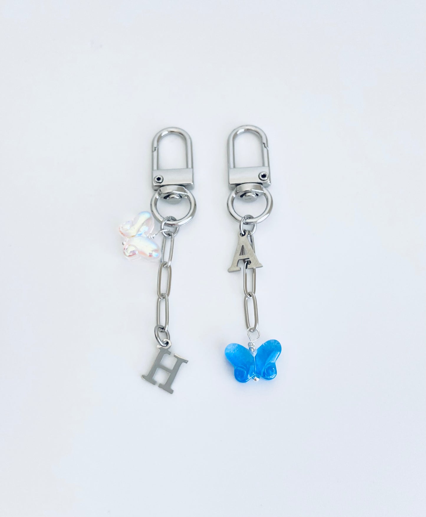 Clip-On Purse Charm with Stainless Steel Initial & Acrylic Butterfly