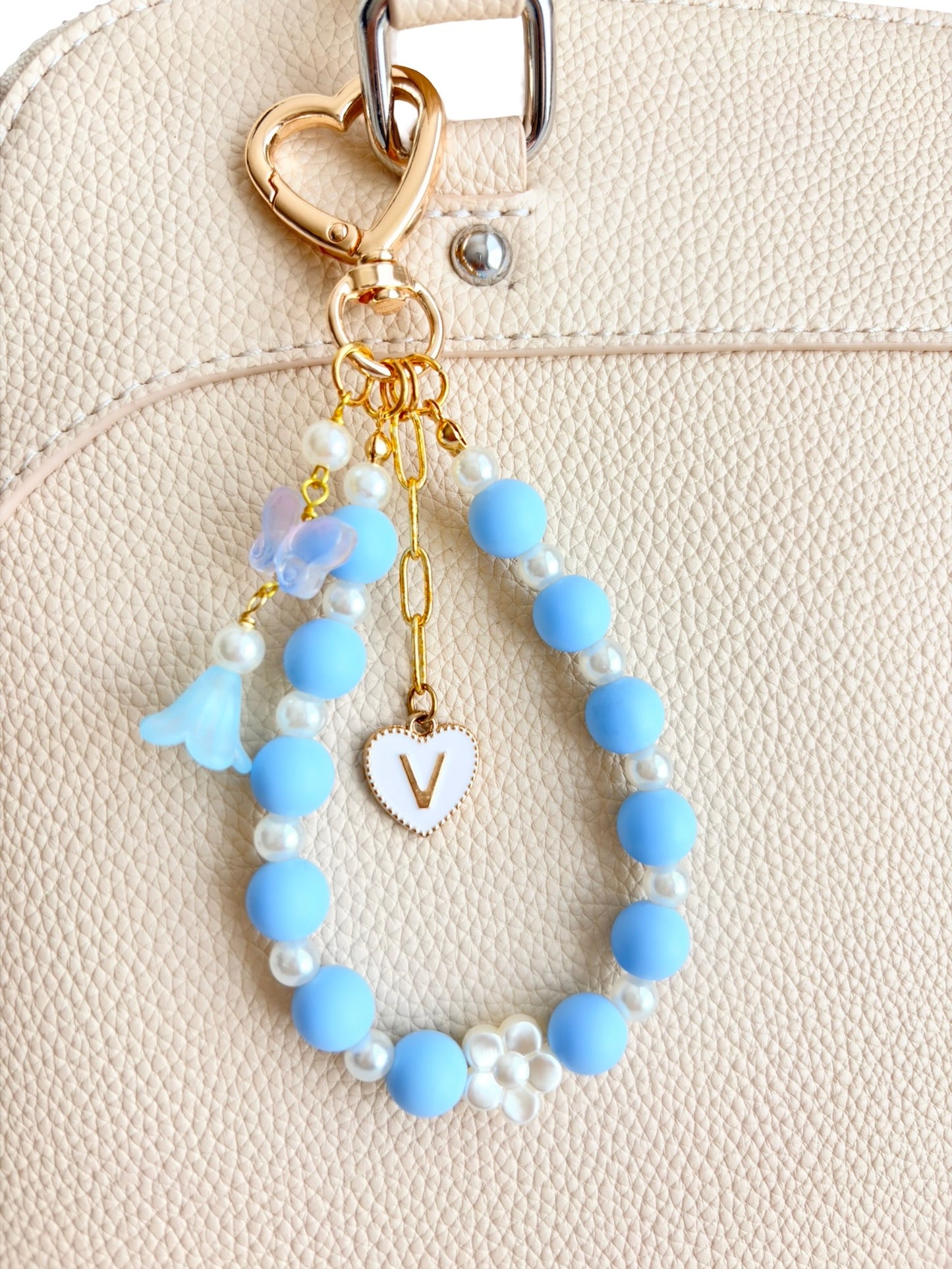 Personalized Beaded Bag Charm with Butterfly & Flower
