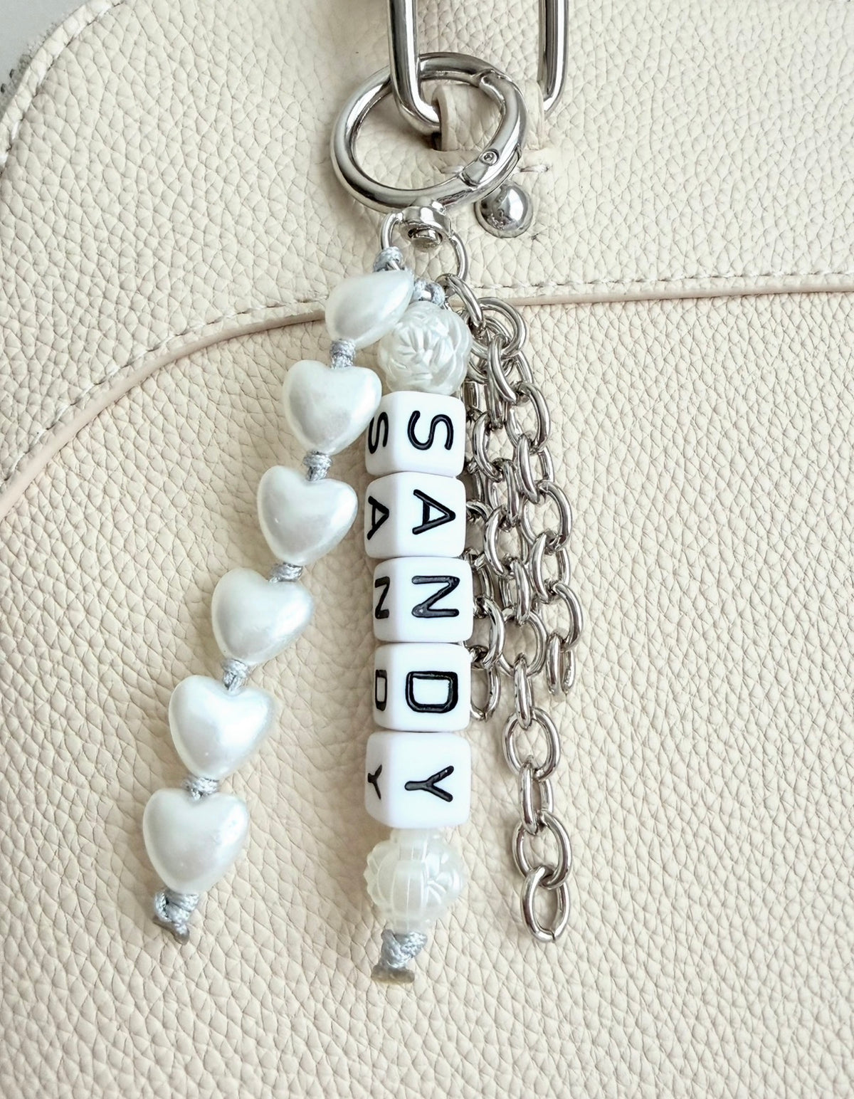 Personalized Bag Charm with Acrylic Heart, Name & Chain Tassels • Silver or Champagne Gold