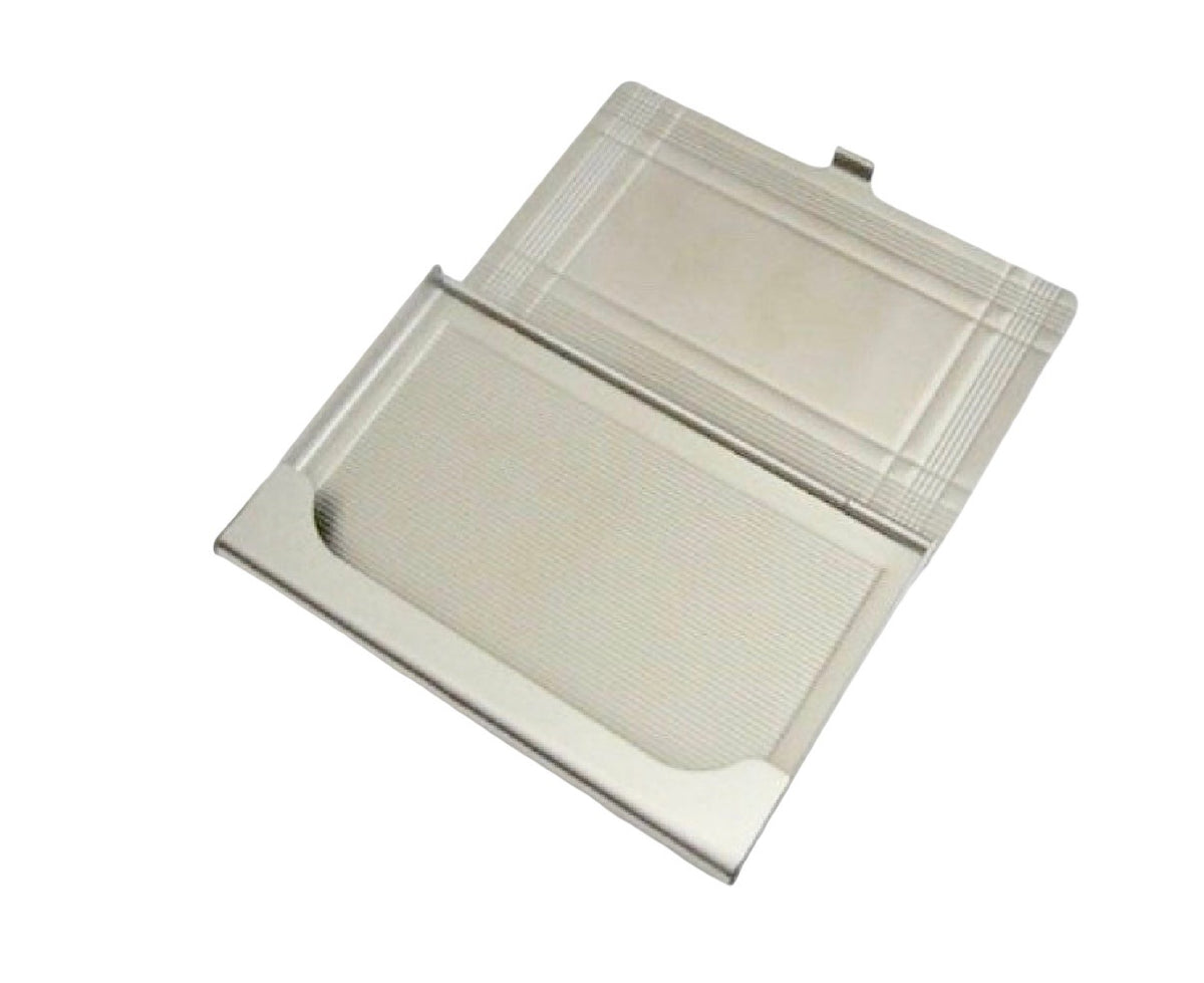 A silver metallic rectangular case, shown open against a plain white background.