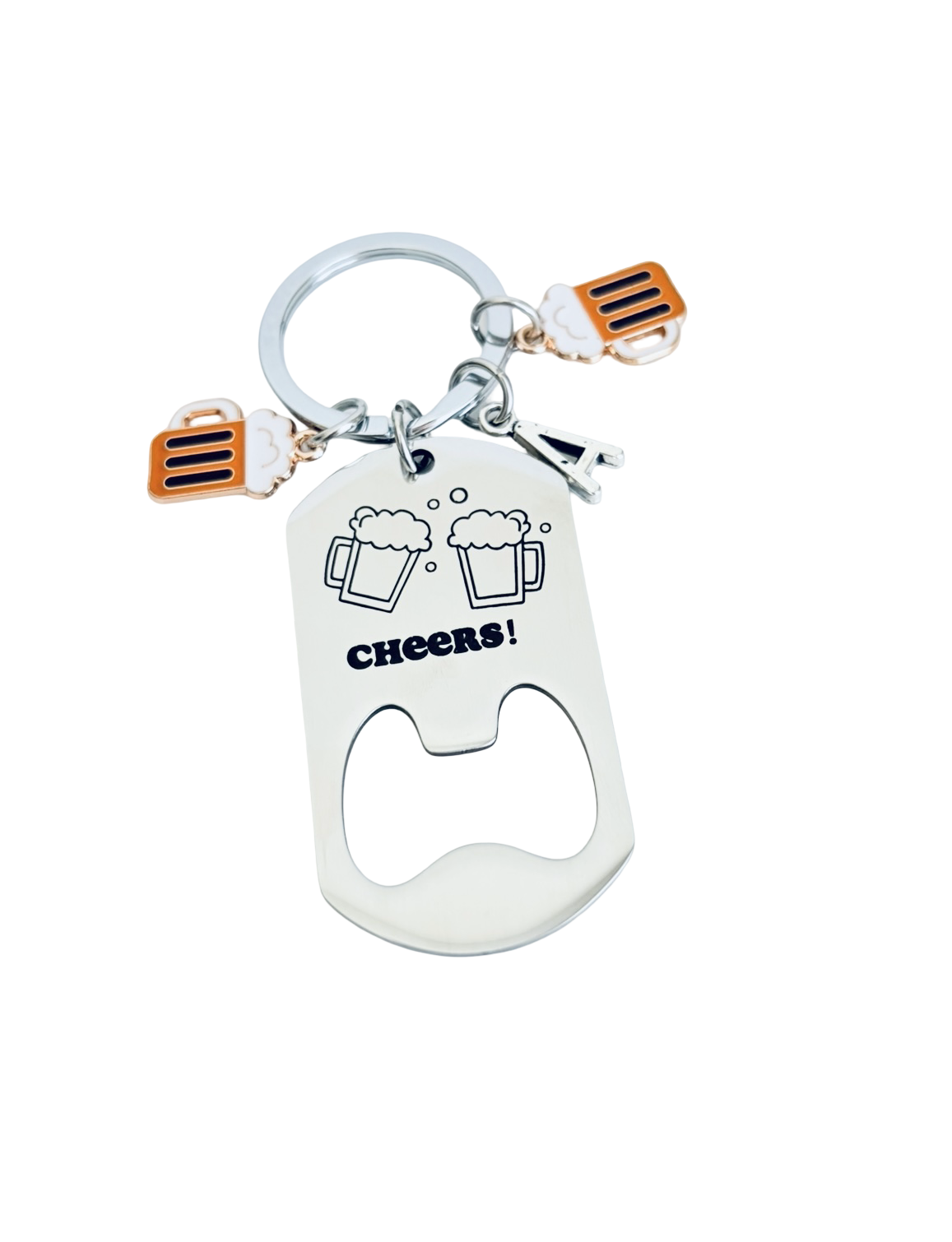 Keychain with bottle opener and 'Cheers!' text on a white background