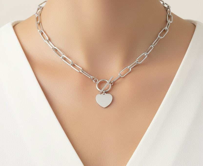 Personalized Chunky Paperclip Chain Necklace • Statement Heart Necklace