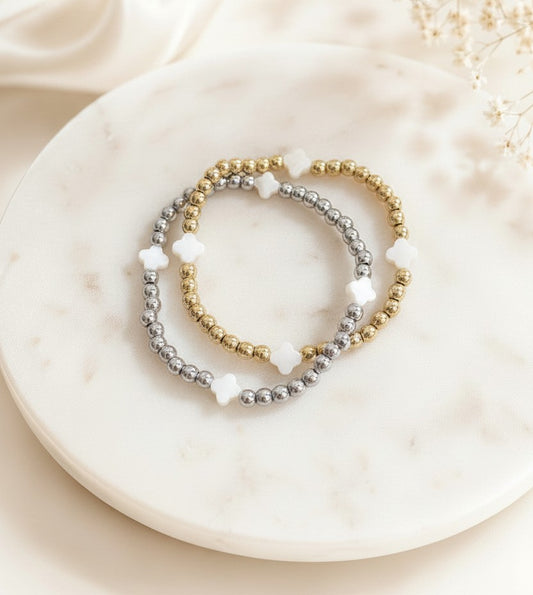 Stretch Beaded Bracelet with Shell Clover Beads • Stainless Steel & Gold over Stainless Steel