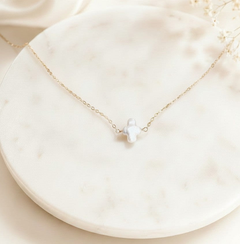 White Freshwater Pearl Cross Necklace • Sterling Silver & Gold Filled