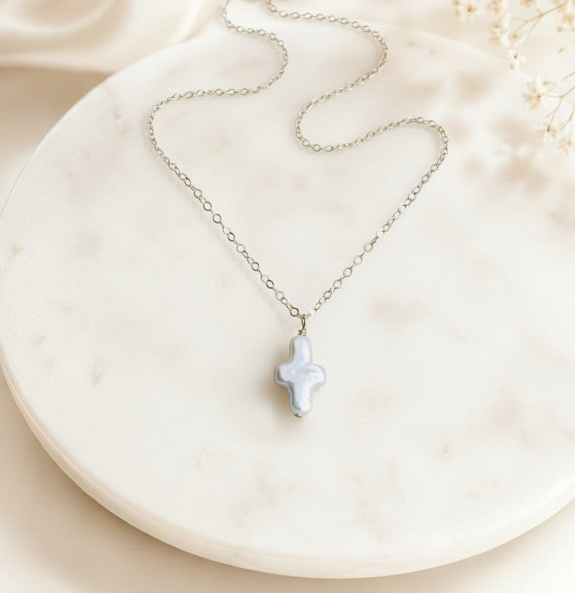 White Freshwater Pearl Cross Pendant Necklace • Sterling Silver & Gold Filled