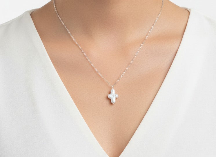 White Freshwater Pearl Cross Pendant Necklace • Sterling Silver & Gold Filled