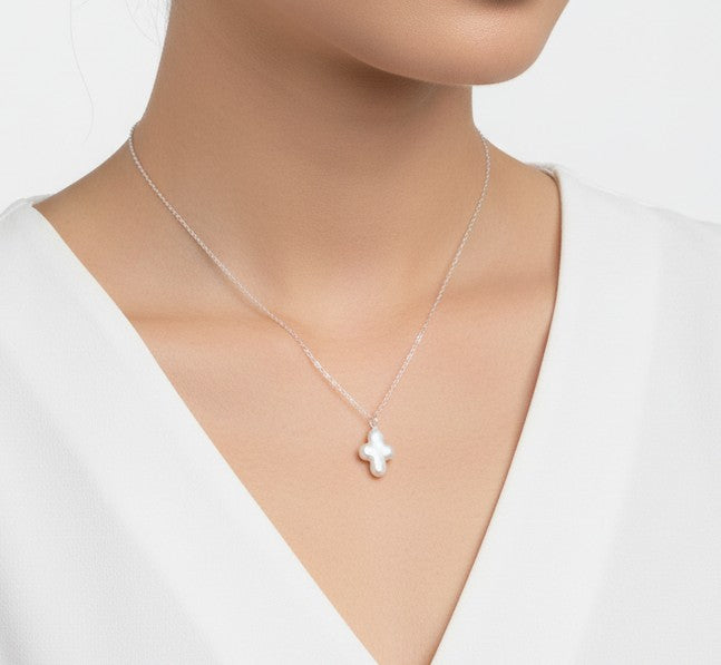 White Freshwater Pearl Cross Pendant Necklace • Sterling Silver & Gold Filled