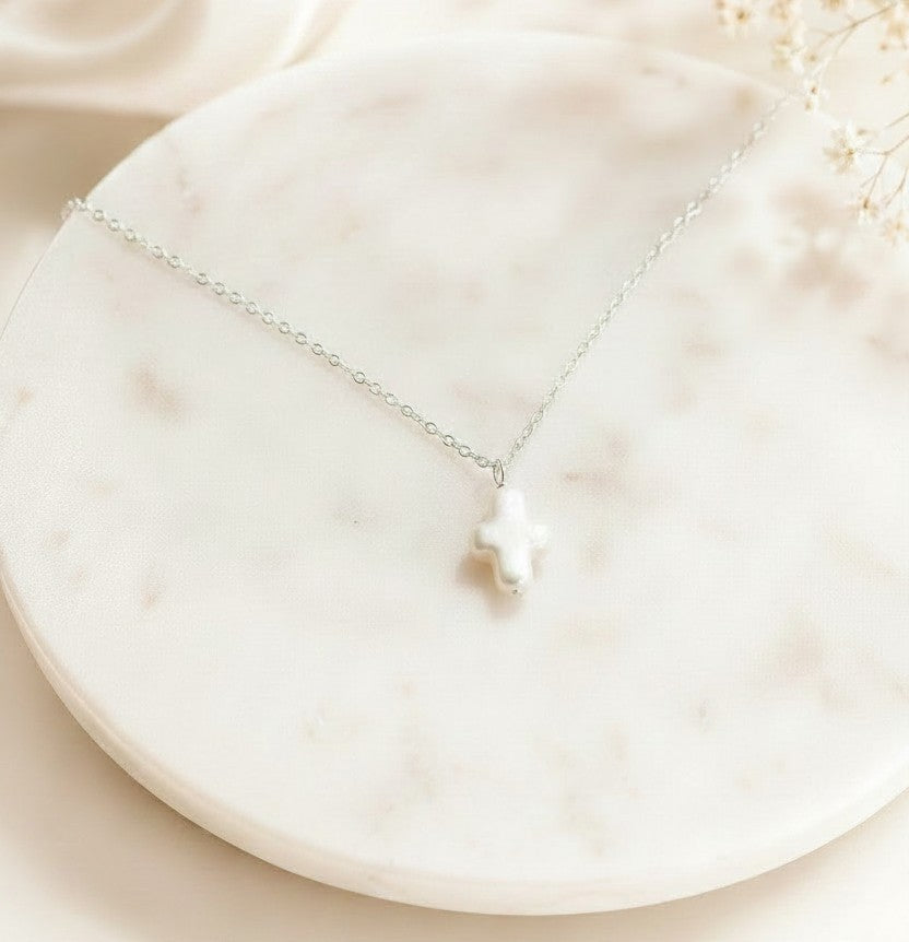 White Freshwater Pearl Cross Pendant Necklace • Sterling Silver & Gold Filled