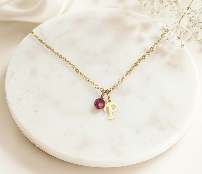 Personalized Birthstone & Initial Necklace • Stainless Steel & Gold over Stainless Steel