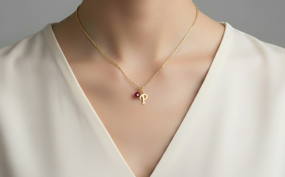 Personalized Birthstone & Initial Necklace • Stainless Steel & Gold over Stainless Steel