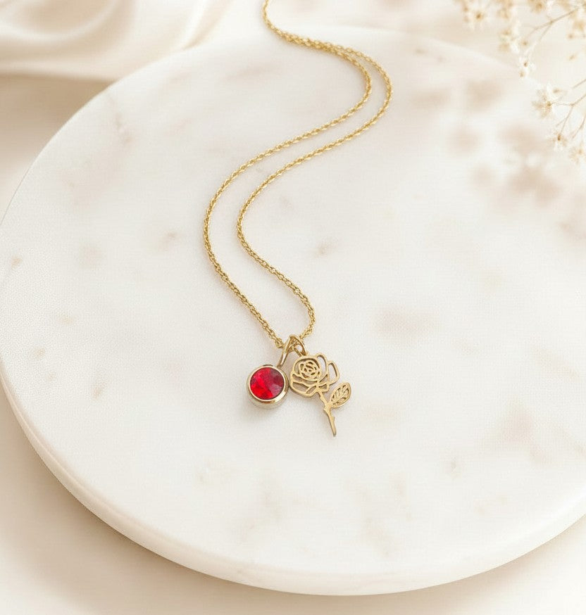 Personalized Birthstone & Birth Flower Pendant Necklace • Stainless Steel & Gold over Stainless Steel